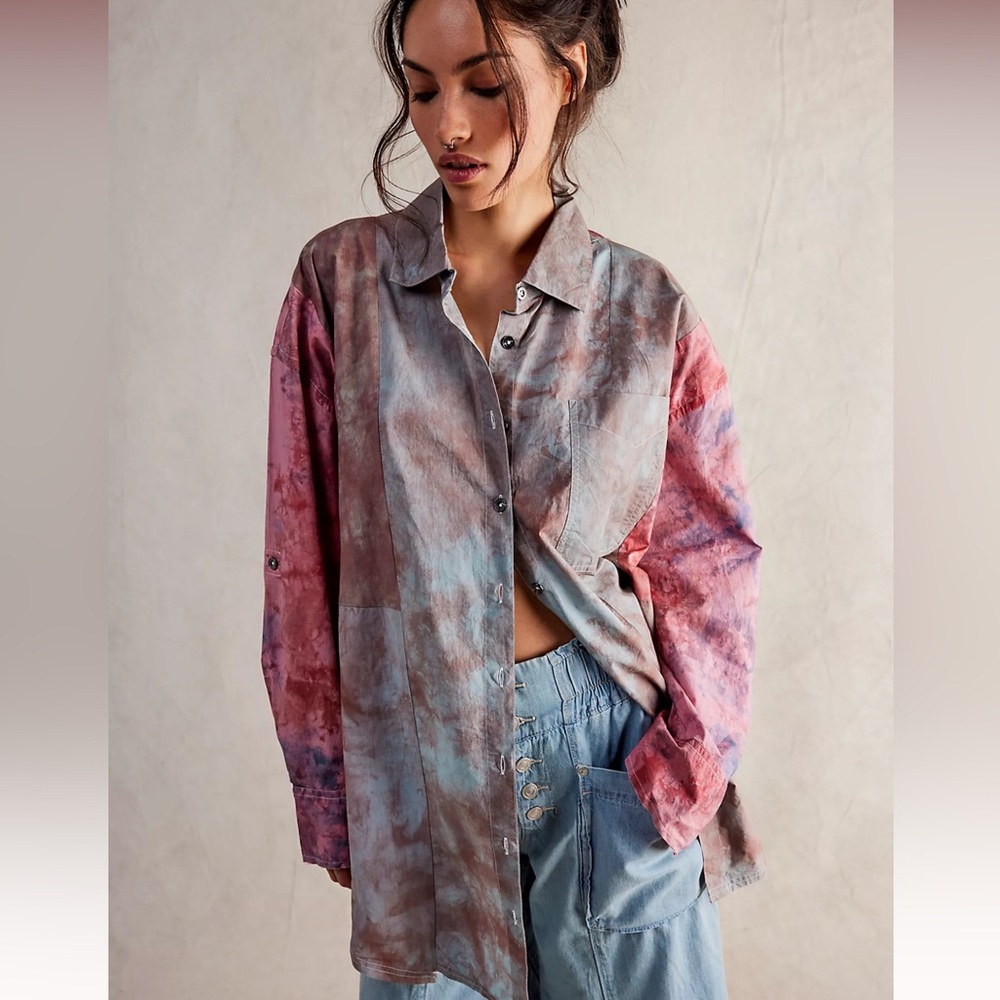 Free People We The Free Washed At Sea Oversized Button Down Tie Dye Shirt Top